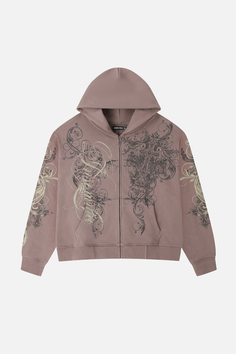 Front of the Brown Scripture Eclipse Zip Up Hoodie laid flat, with scroll print on chest and sleeves