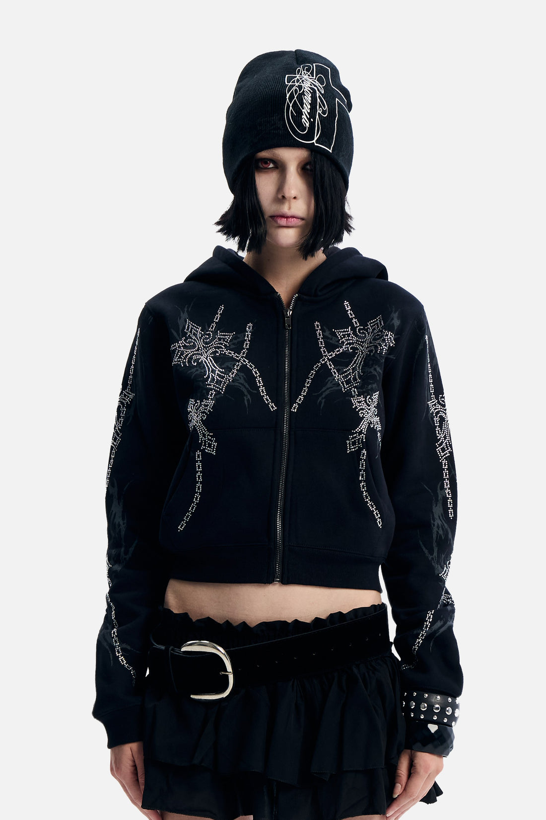 Front view of the Chain Rhinestone Hoodie showing the rhinestone chain and cross design