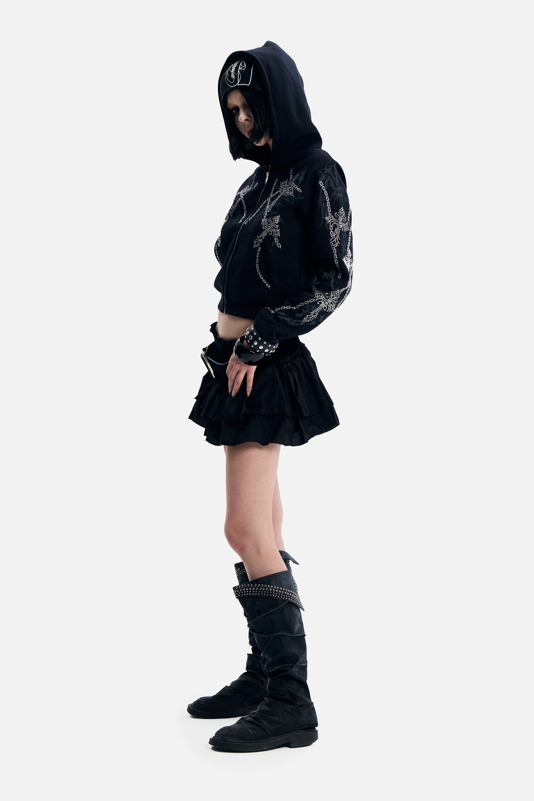 Side view of the Chain Rhinestone Hoodie with the hood up
