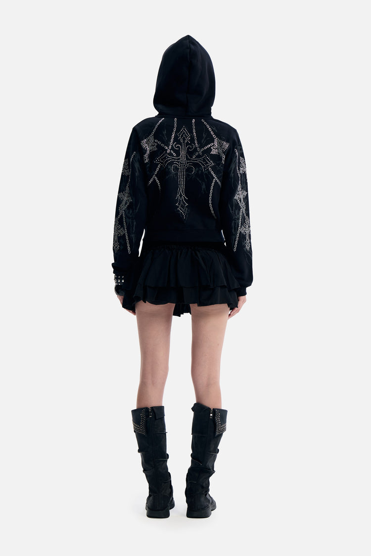 Back view of the Chain Rhinestone Hoodie showing the large rhinestone cross