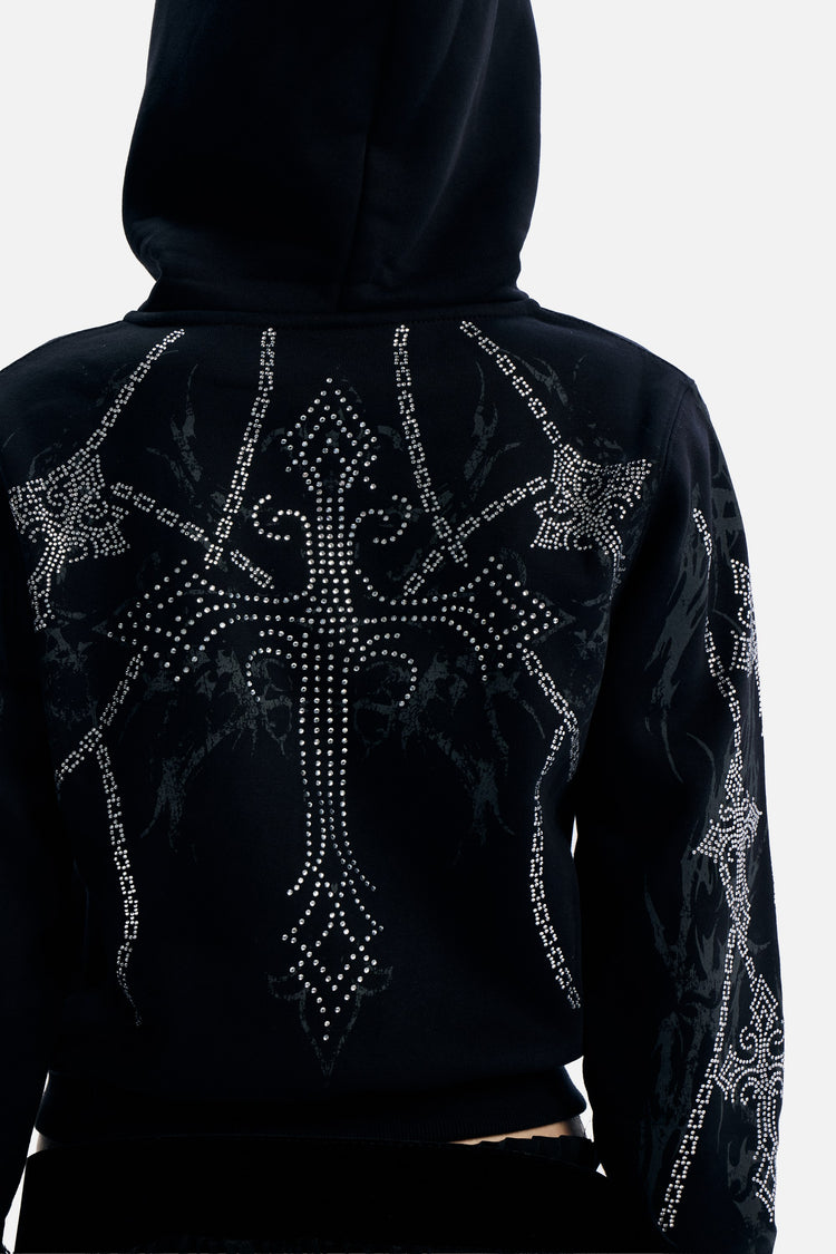 Close-up of the rhinestone cross and chains on the back of the Chain Rhinestone Hoodie