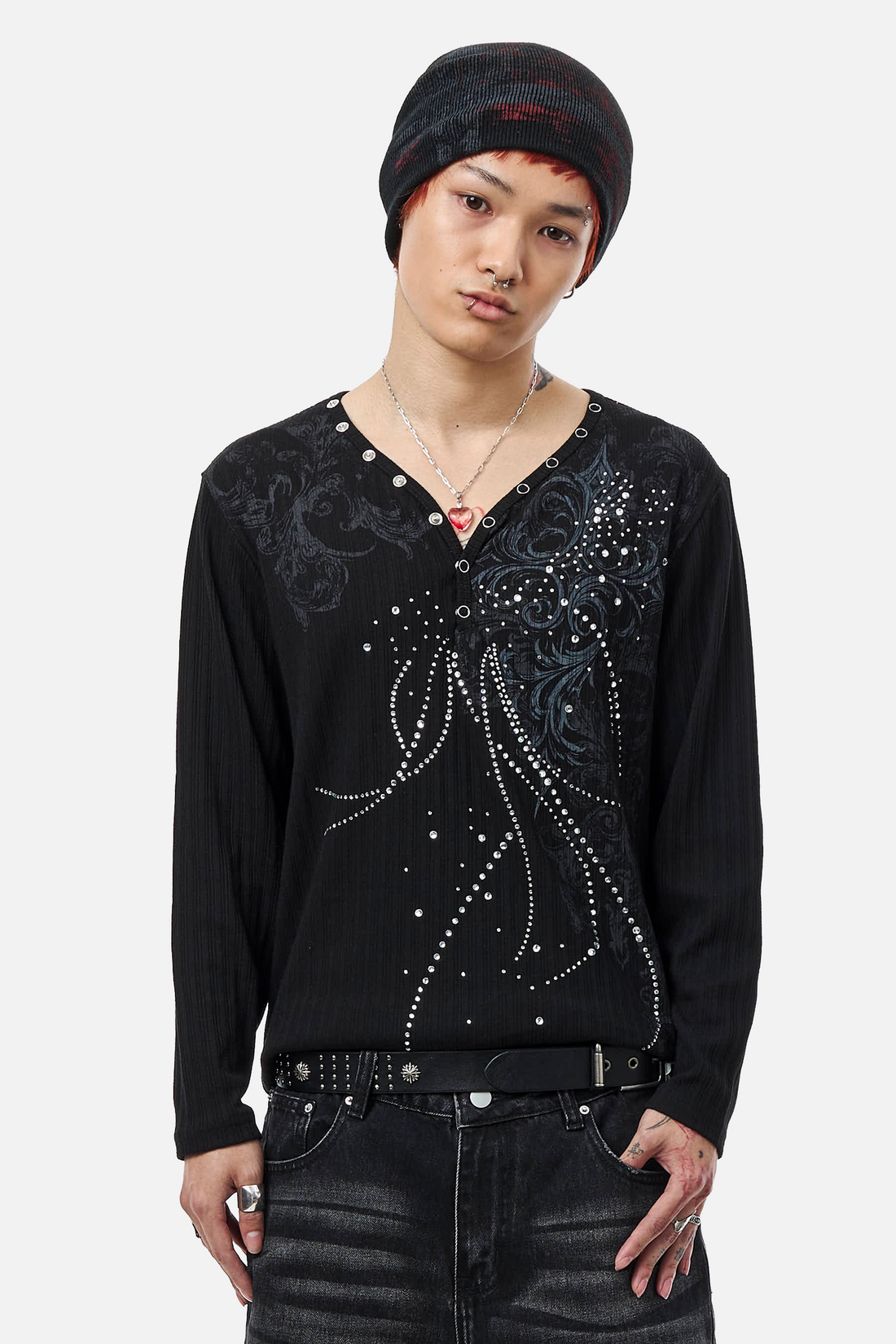 Model in the black Fate Ribbed Long Sleeve with rhinestone and swirl print, front view