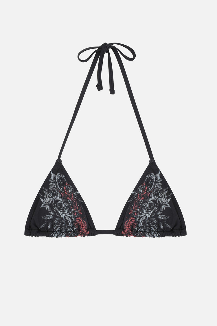 Crux Bikini Top on its own, black triangle halter with grey and red filigree print