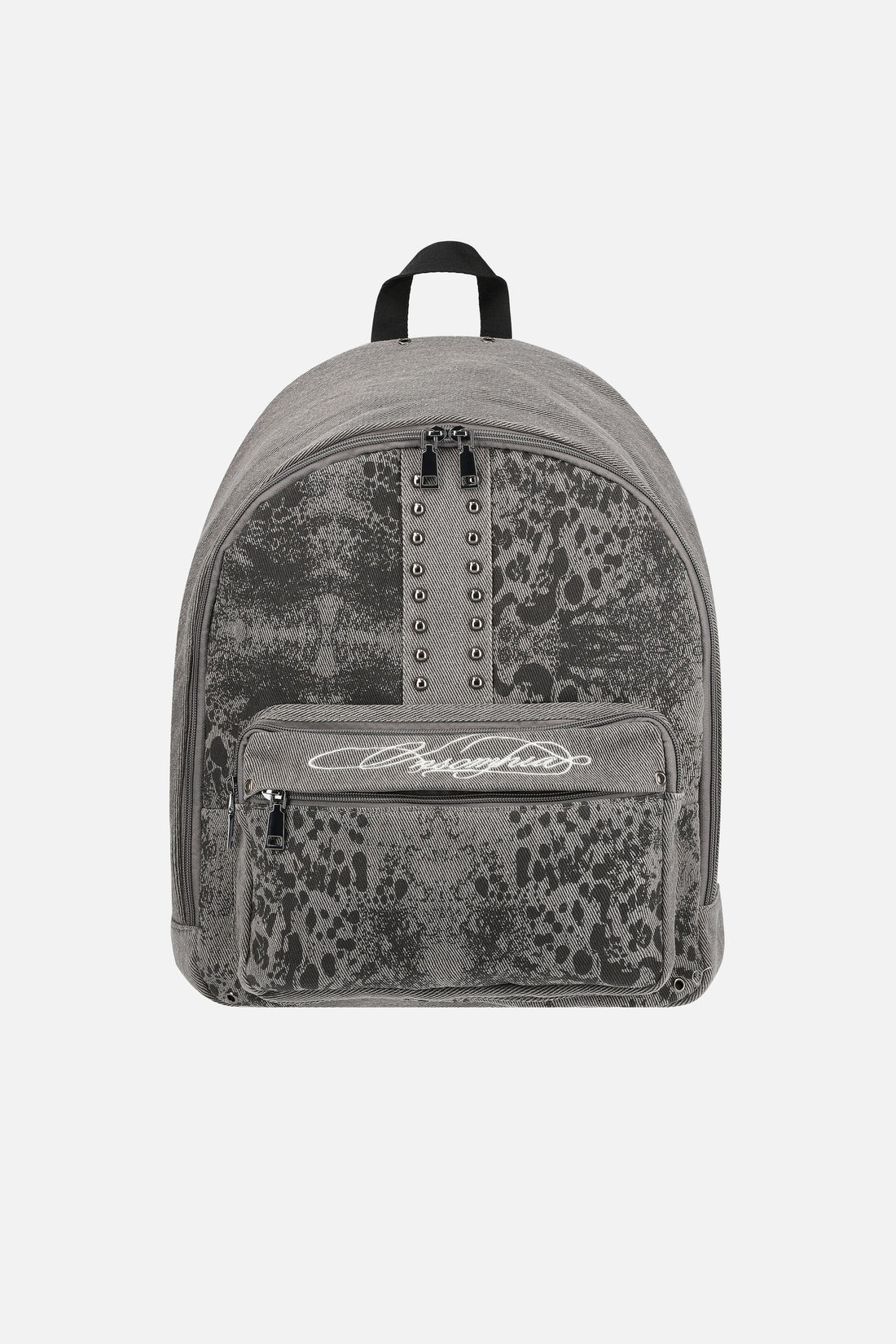 Front of the grey Denim Cheetah Backpack with leopard print, studs and script logo pocket