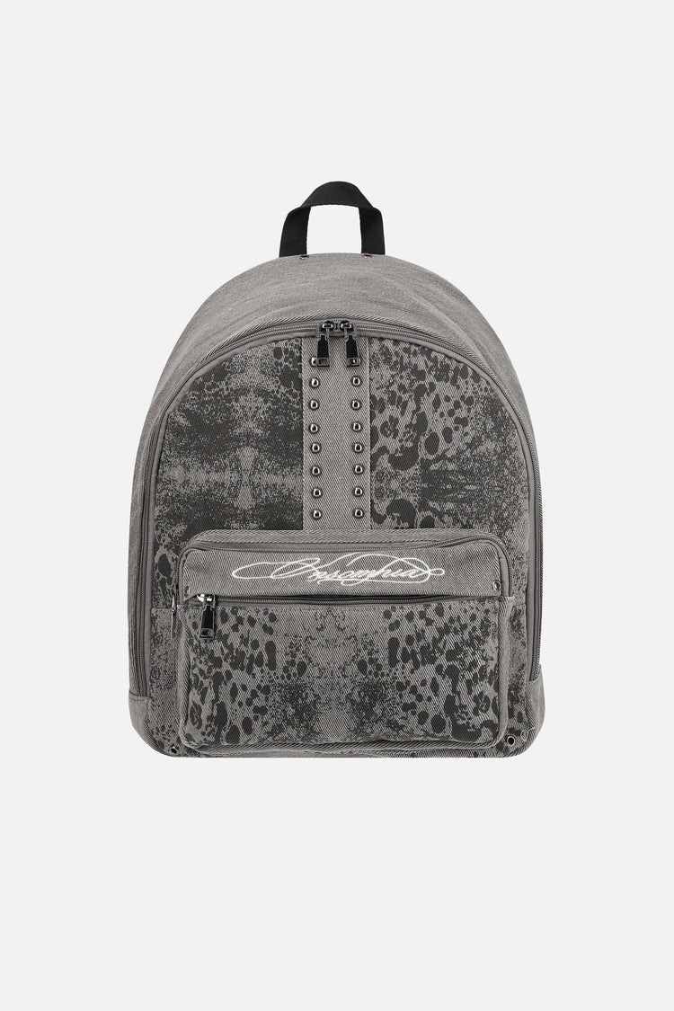 Front of the grey Denim Cheetah Backpack with leopard print, studs and script logo pocket