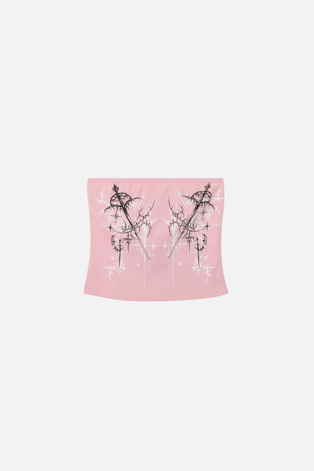 Pink Dagger Tube Top laid flat, showing mirrored dagger graphics and sparkle print
