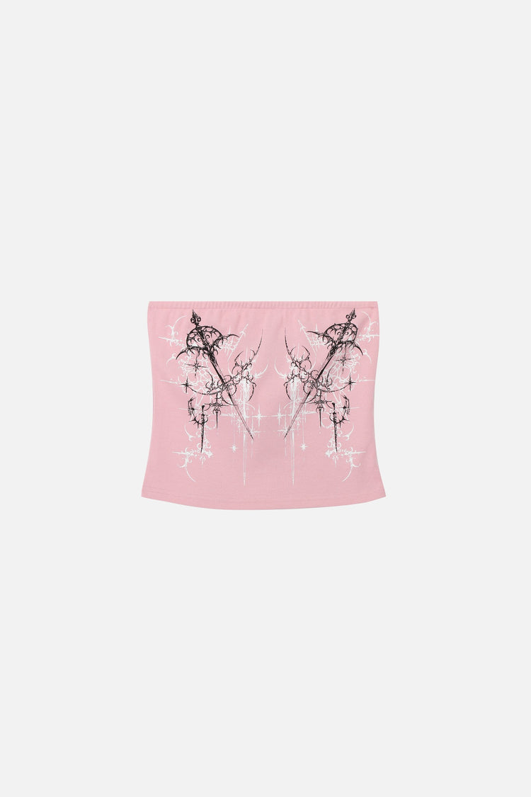 Pink Dagger Tube Top laid flat, showing mirrored dagger graphics and sparkle print