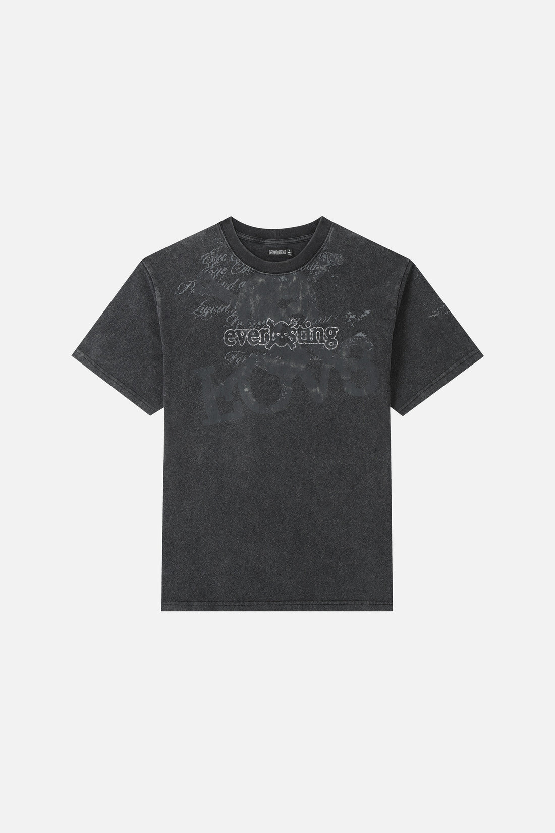 Front of the washed black Everlasting Rhinestone Tee laid flat with rhinestone logo
