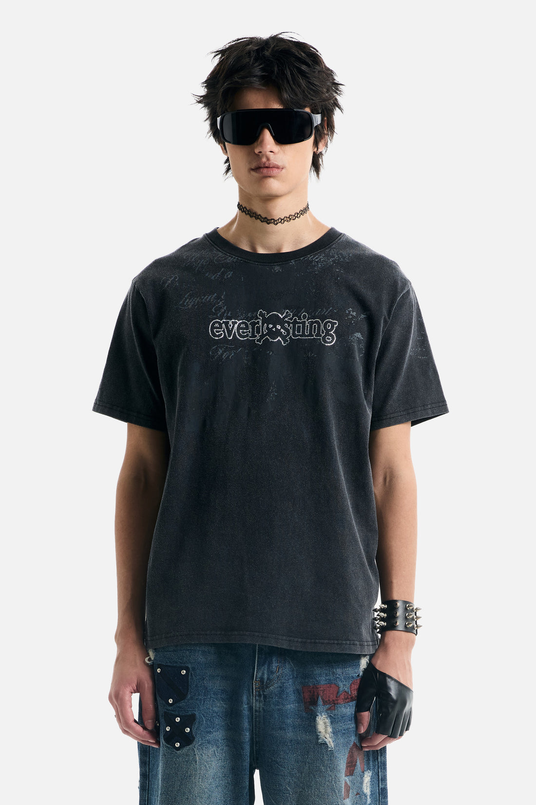 Model in sunglasses and choker wearing the black Everlasting Rhinestone Tee, front view