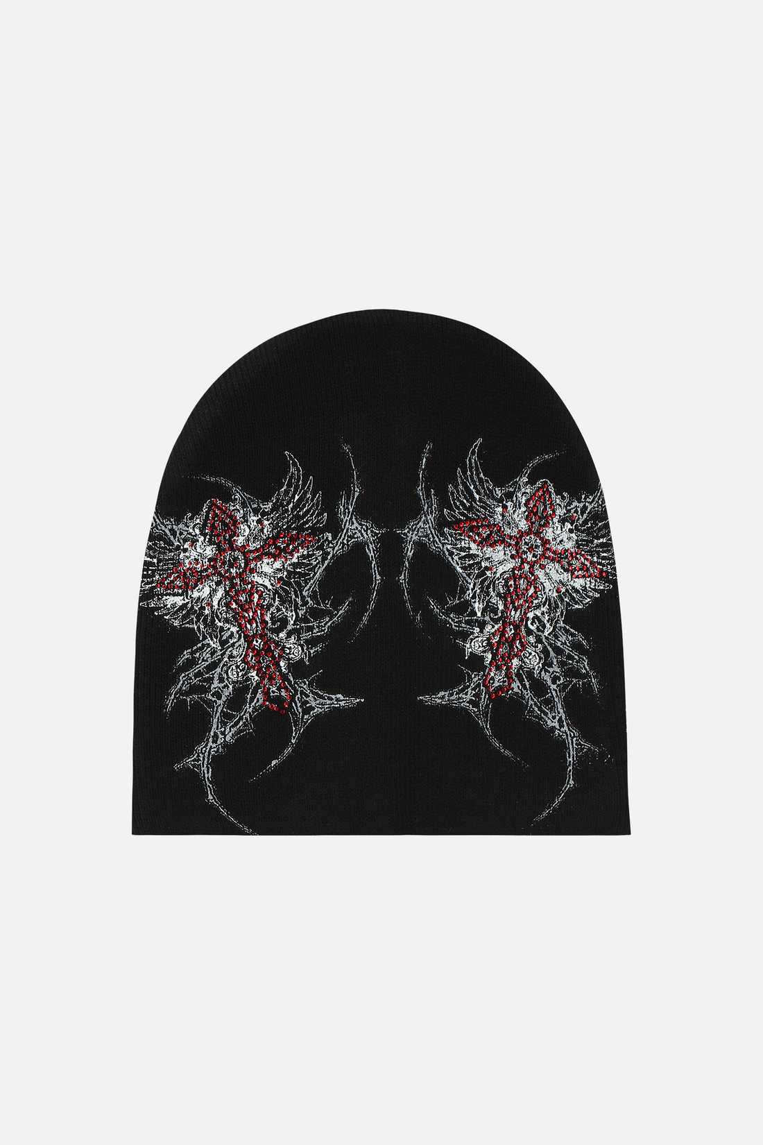 Blessed Beanie laid flat, black knit with red and white cross wing graphics