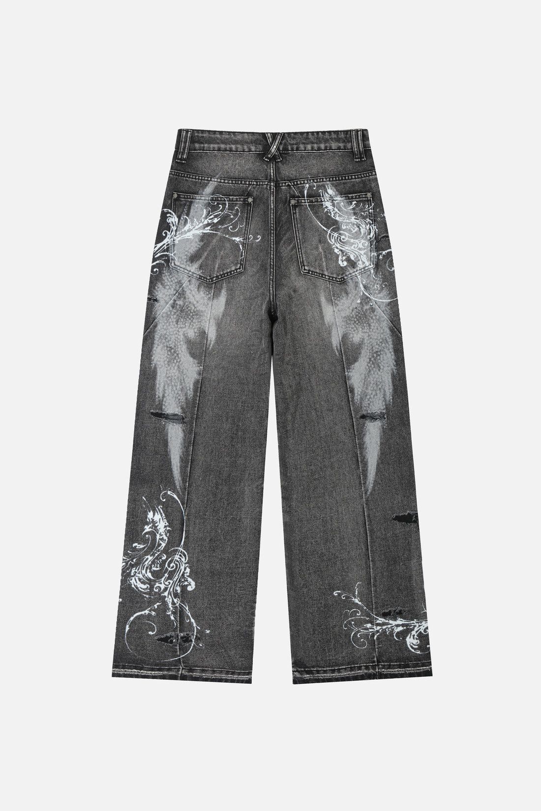 Back of the grey Fleur Destroyer Denim V2 laid flat, with bleached wing fade