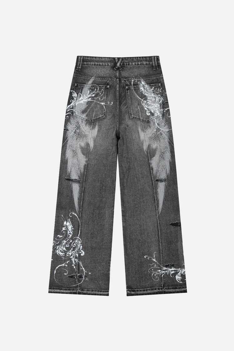 Back of the grey Fleur Destroyer Denim V2 laid flat, with bleached wing fade