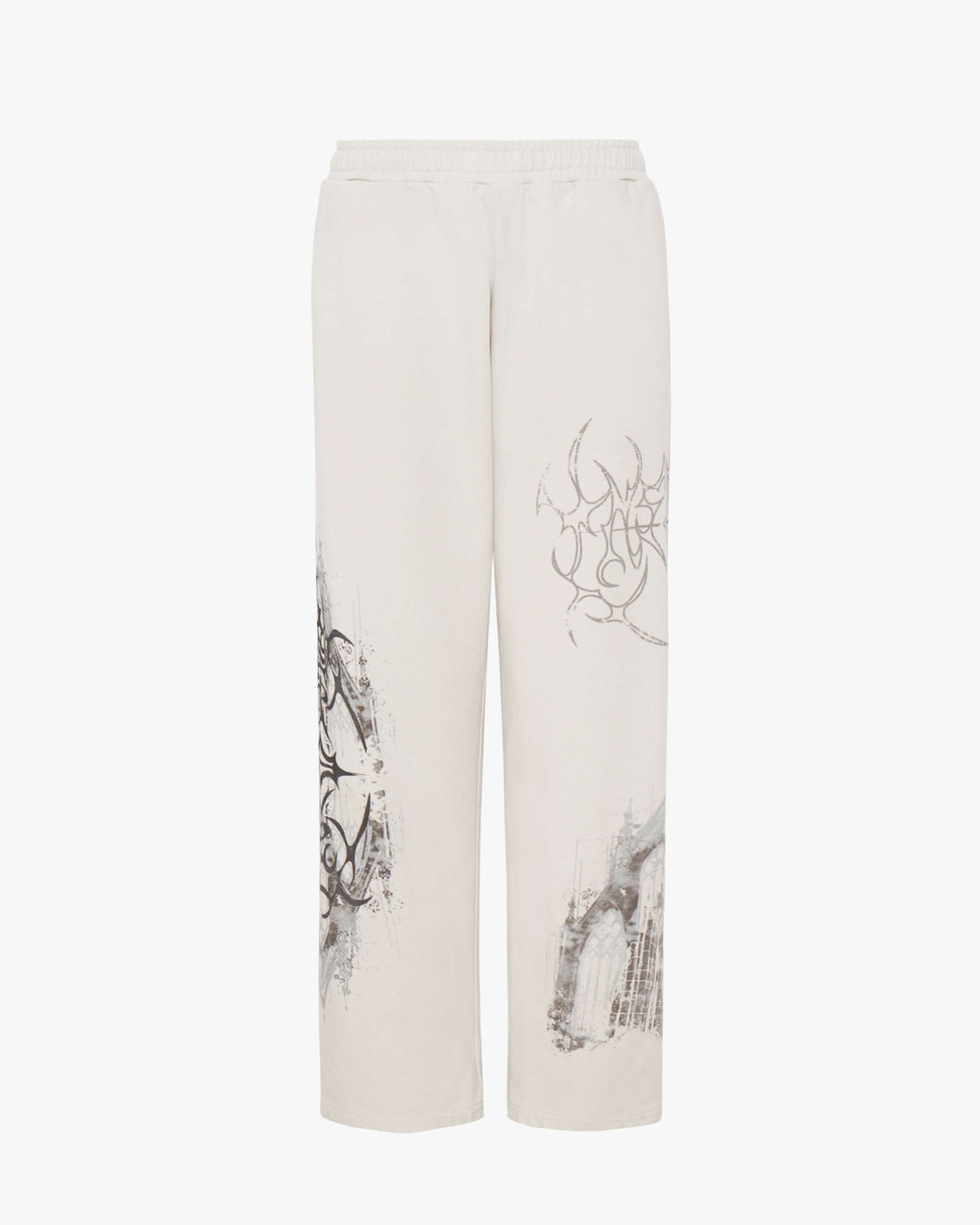 Front of the Gray Cathedral Sweatpants laid flat, light gray with cathedral and tribal graphics