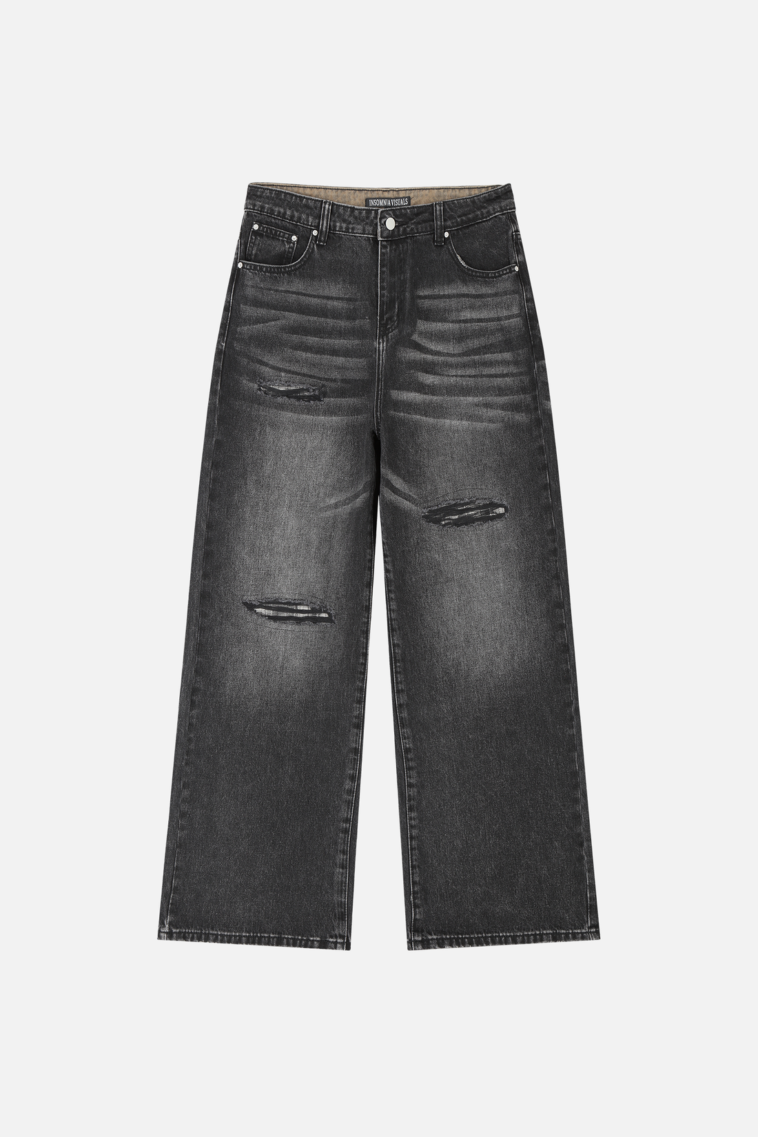 Front of the faded black Plaid Patch Outlaw Denim laid flat, with slashed knee rips