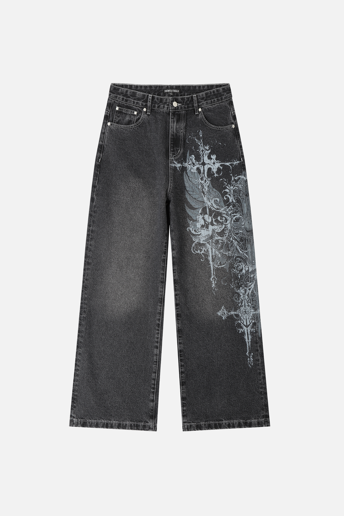 Front of the Winged Outlaw Denim laid flat, faded black with blue filigree cross