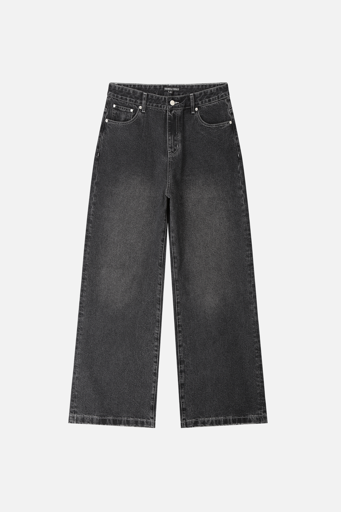 Blessed Outlaw Denim laid flat, front view, faded black wash with wide straight legs