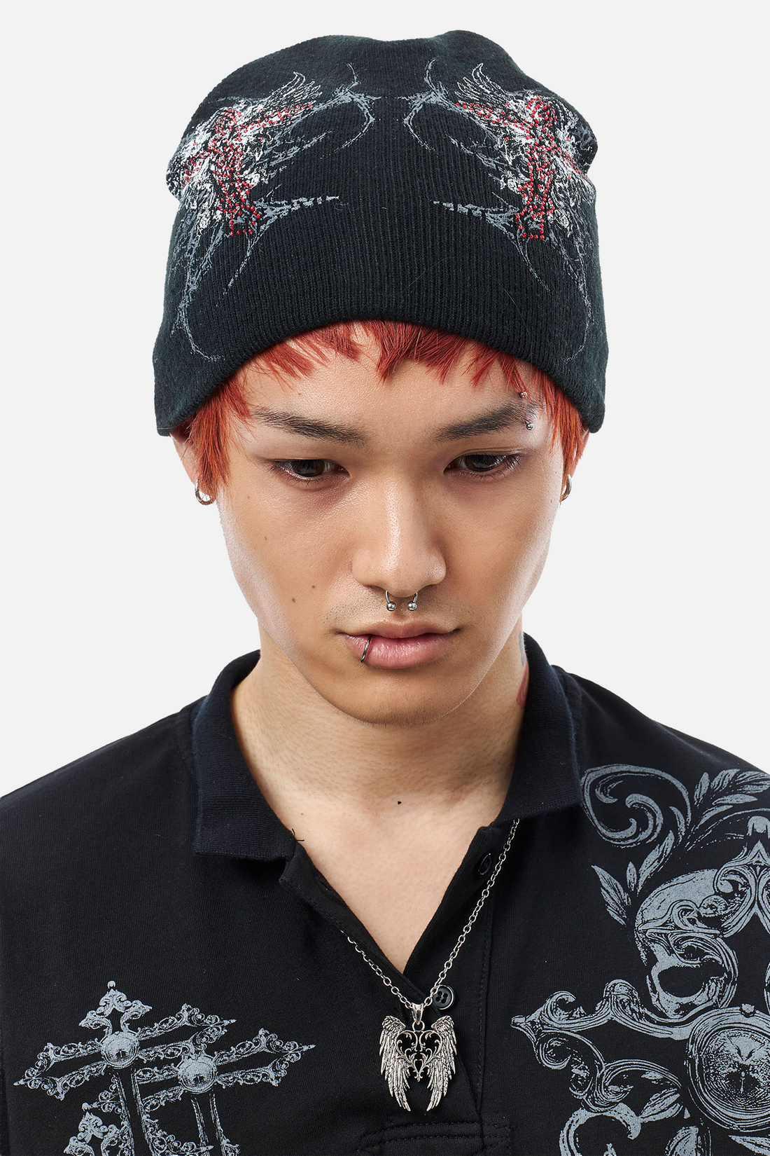 Close front view of the Blessed Beanie showing the red and white cross wings