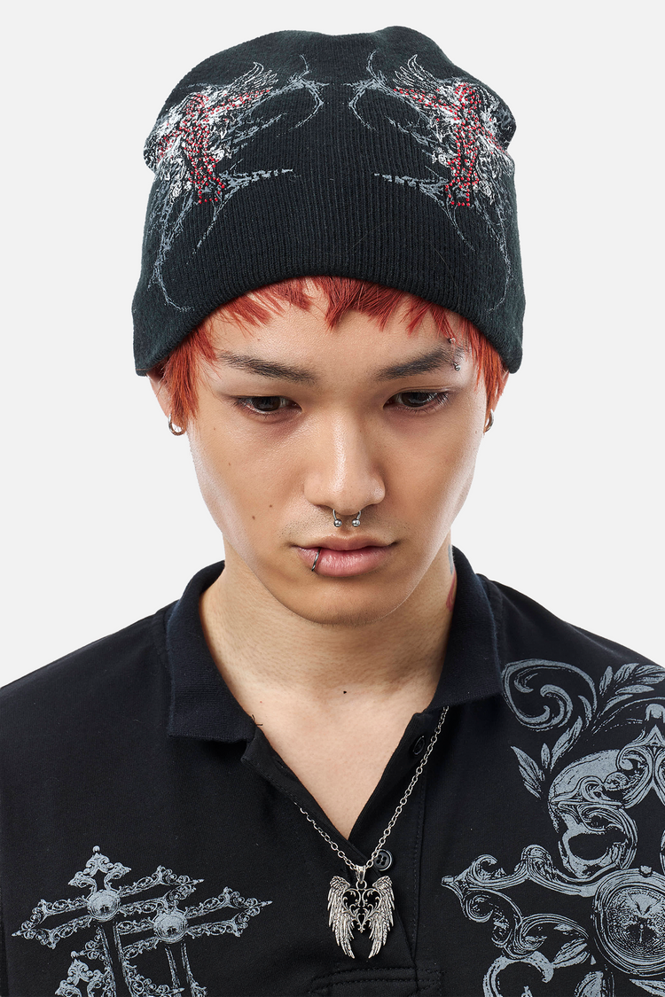 Close front view of the Blessed Beanie showing the red and white cross wings
