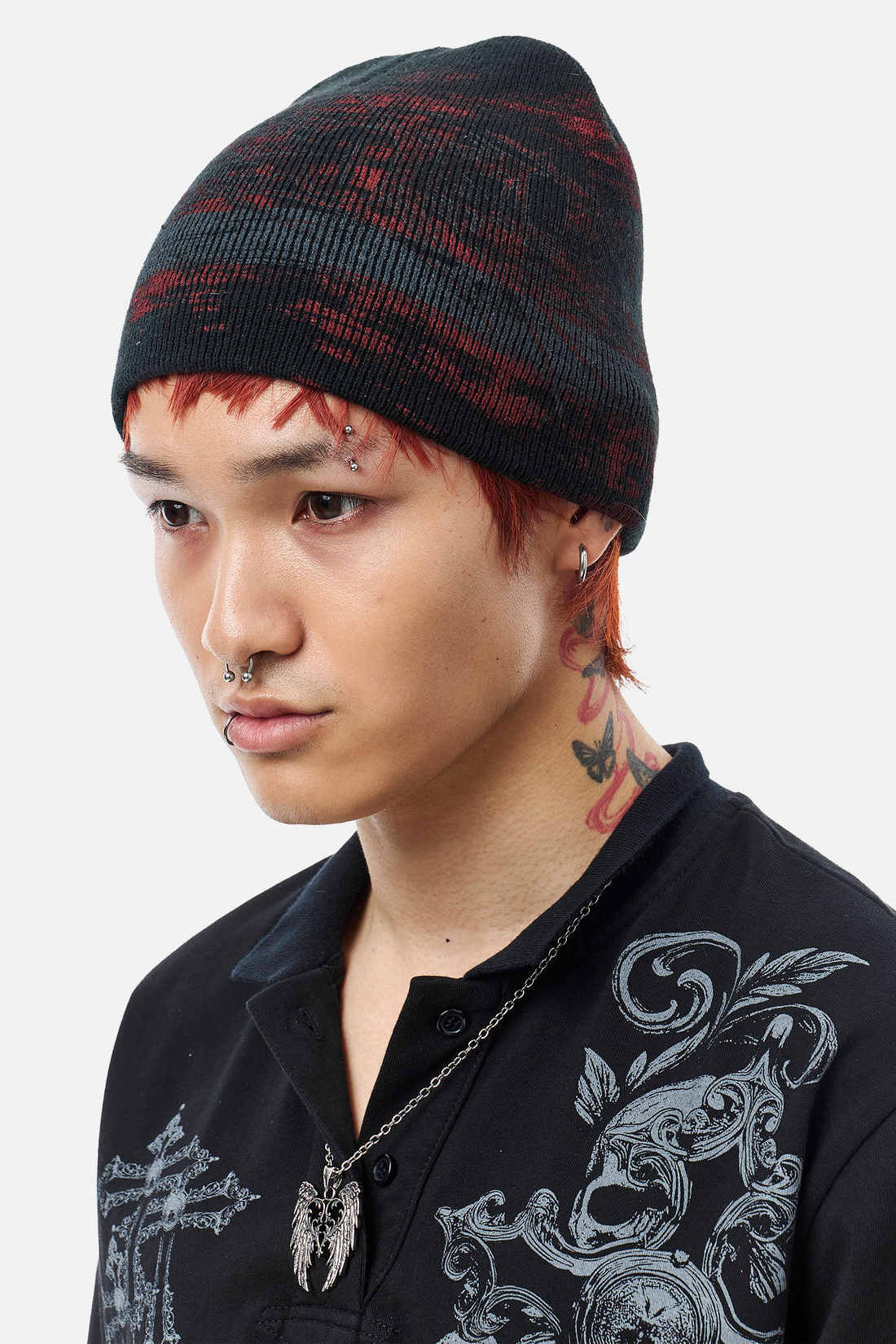 Model wearing the Chaos Beanie pulled low, three-quarter front view