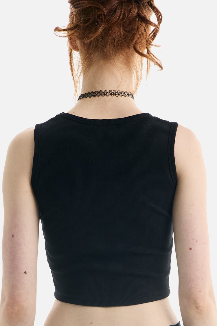 Back view of the plain black cropped Gravebound Tank Top