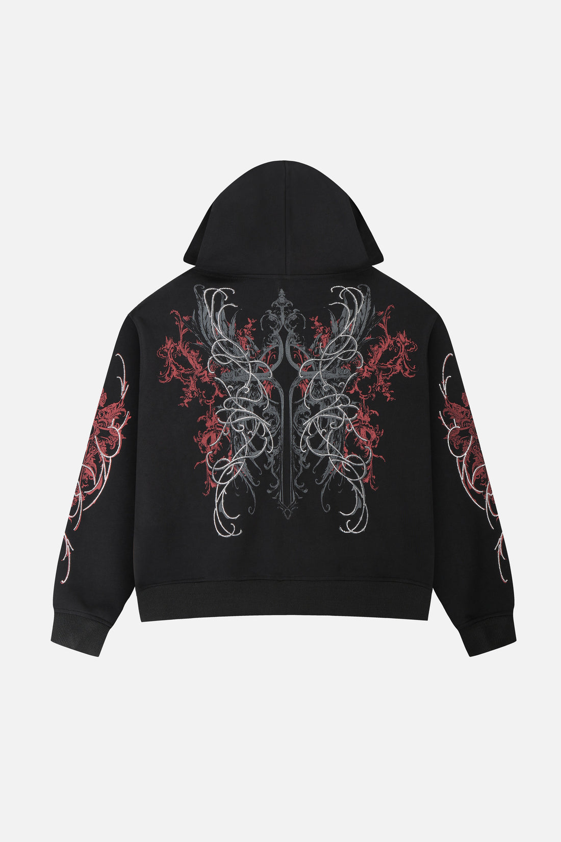 Back of the Harmony Hoodie laid flat, symmetrical red and silver design