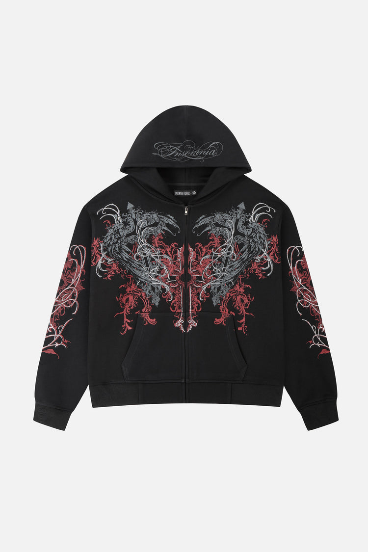 Front of the black Harmony Hoodie laid flat with script on the hood
