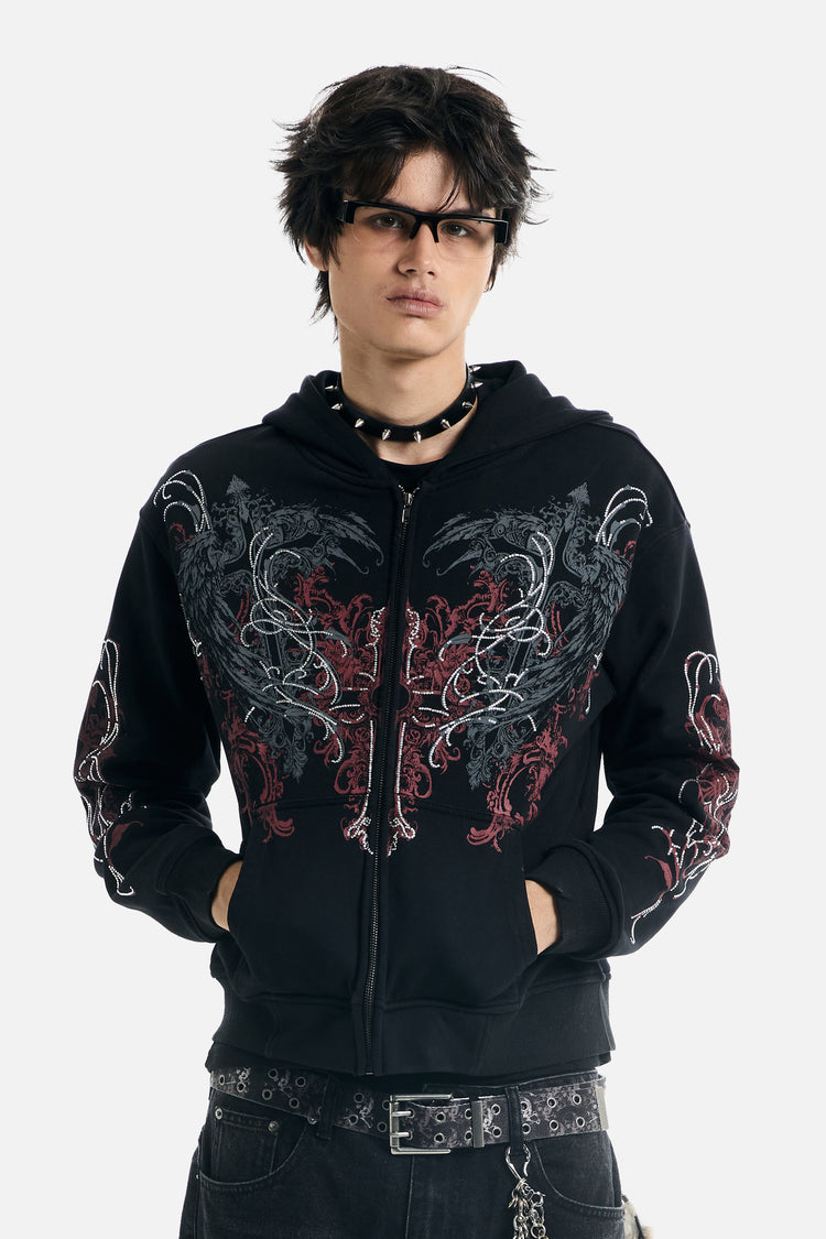 Front view of the black Harmony Hoodie with embroidered-look red and grey graphics