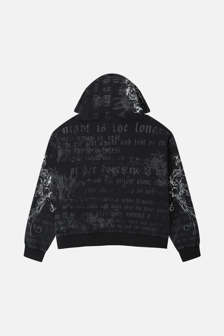 Sacred Zip Hoodie laid flat, back view, with all-over gothic script and sleeve scrollwork