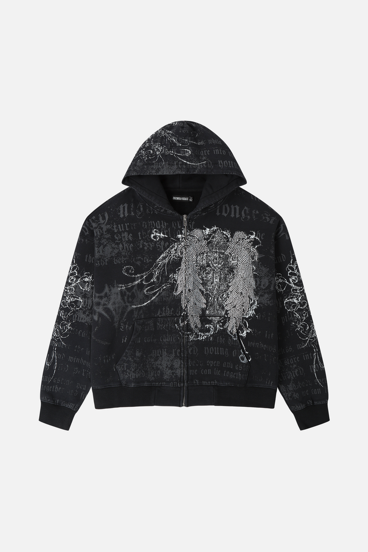 Sacred Zip Hoodie laid flat, front view, black with rhinestone winged cross and script print