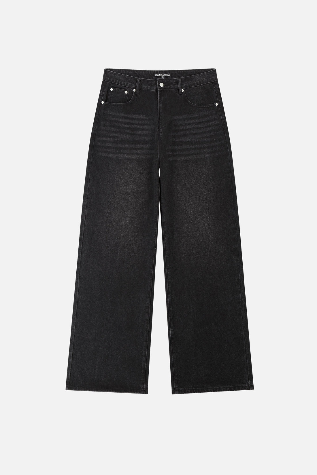 Front of the washed black Harmony Jeans laid flat, wide straight leg