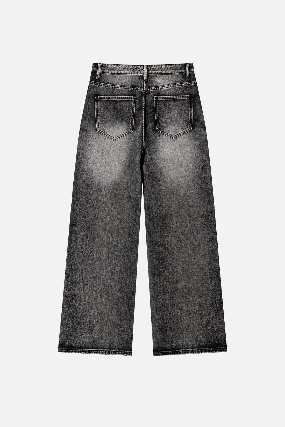 Back of the Washed Black Outlaw Denim laid flat, with faded wash across the seat