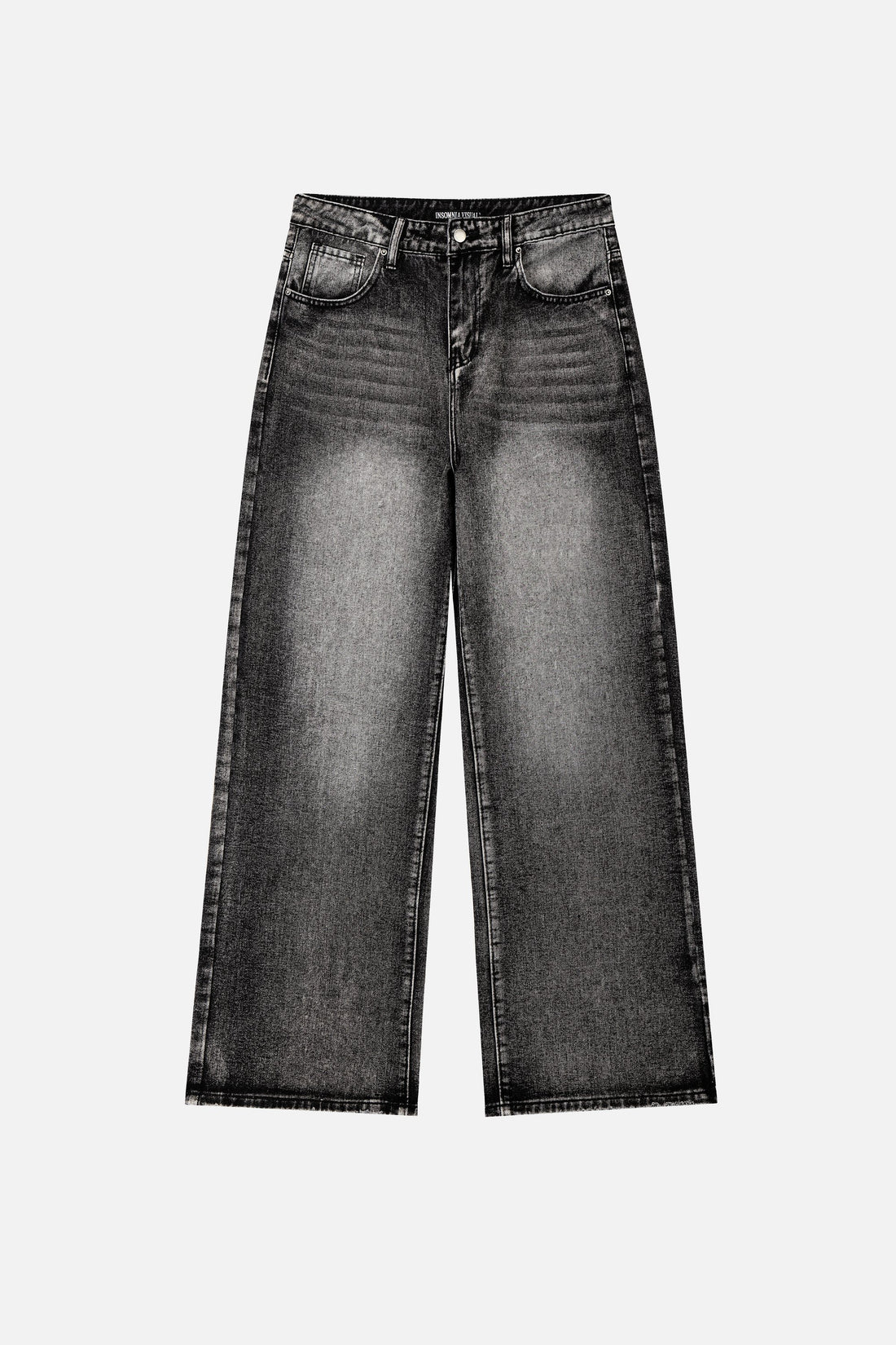 Front of the Washed Black Outlaw Denim laid flat, showing the faded gray whiskering