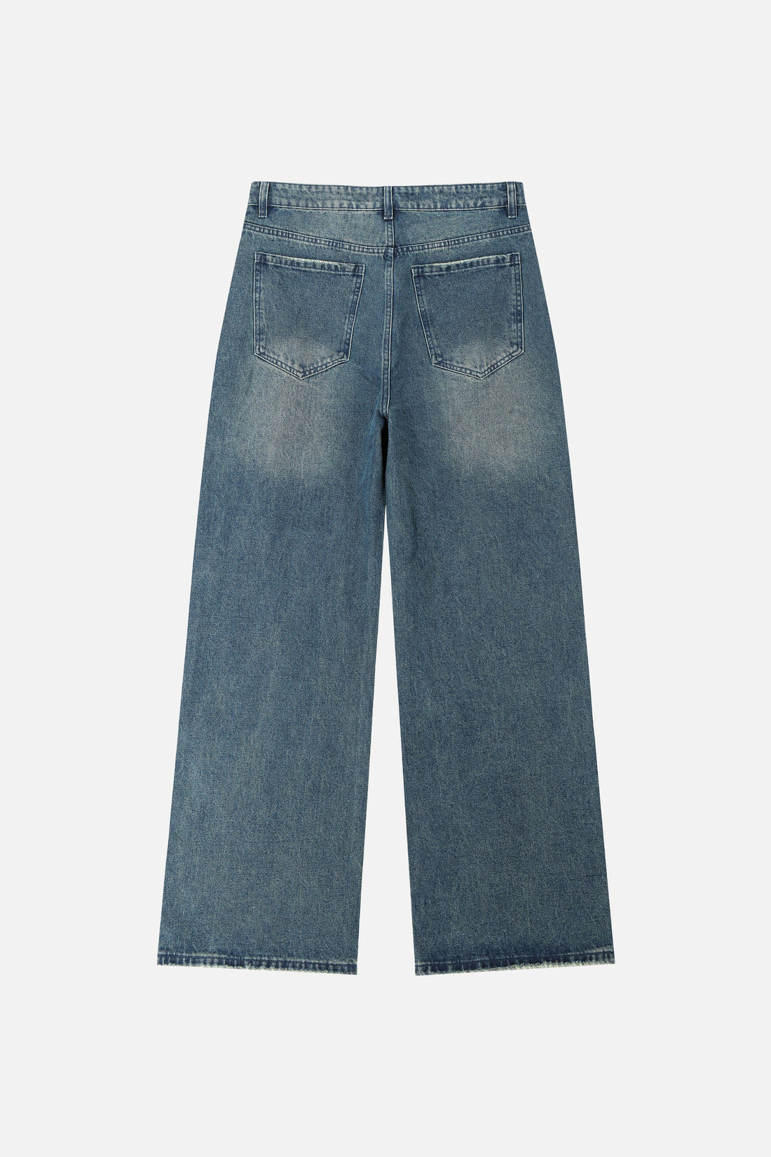 Back of the Washed Blue Outlaw Denim laid flat with faded back pockets