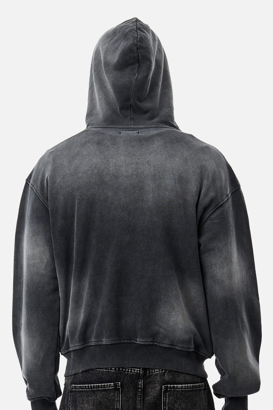 Back close-up of the sun-faded Upstairs Zip Hoodie with hood up
