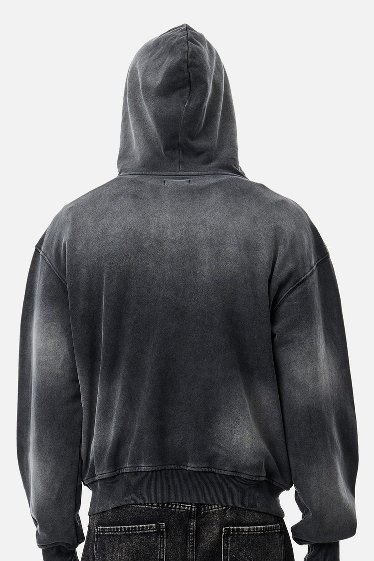Back close-up of the sun-faded Upstairs Zip Hoodie with hood up