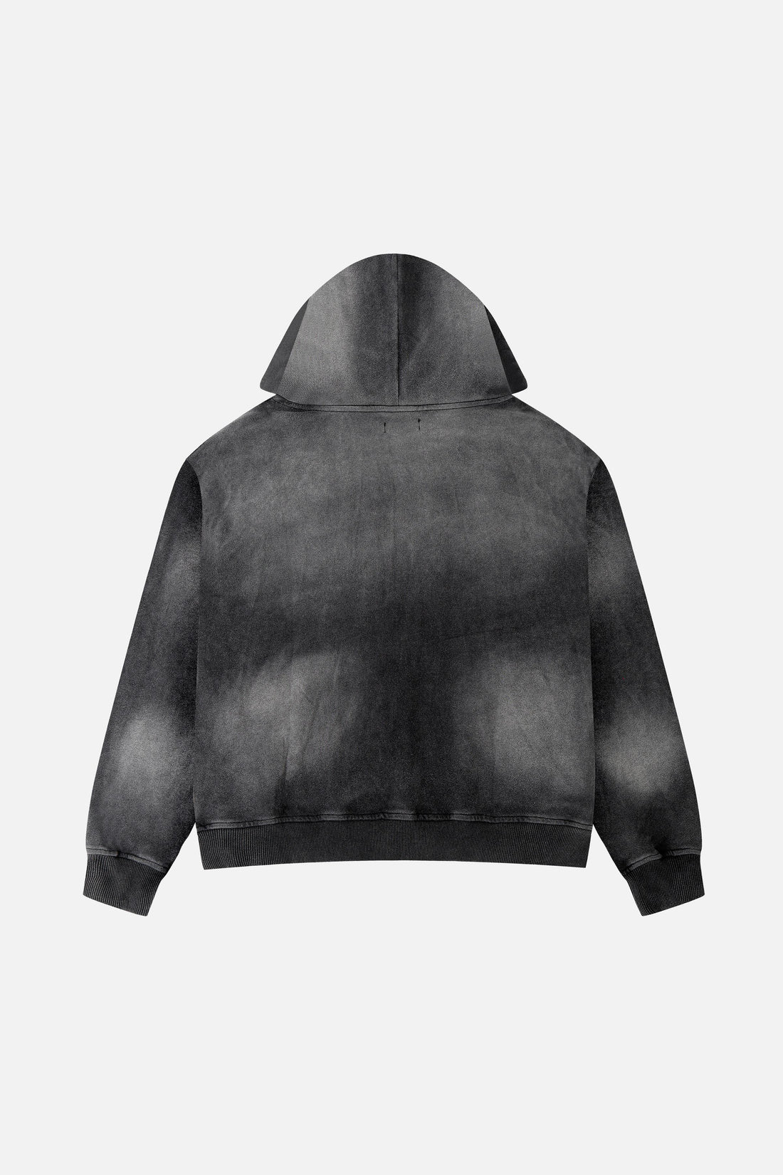 Back of the faded black Upstairs Zip Hoodie laid flat, plain sun-washed finish
