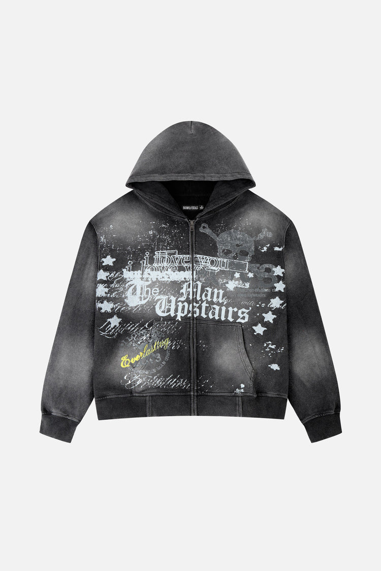 Washed black Upstairs Zip Hoodie laid flat, front view with The Man Upstairs graphic
