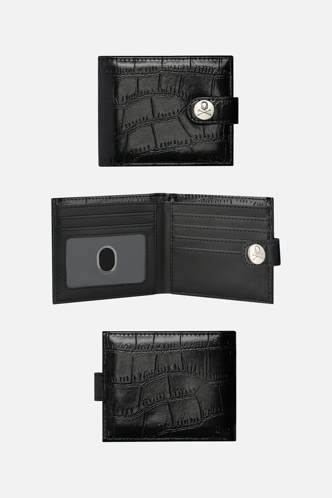 Black Croc Wallet shown closed front, open interior and back, with silver skull snap