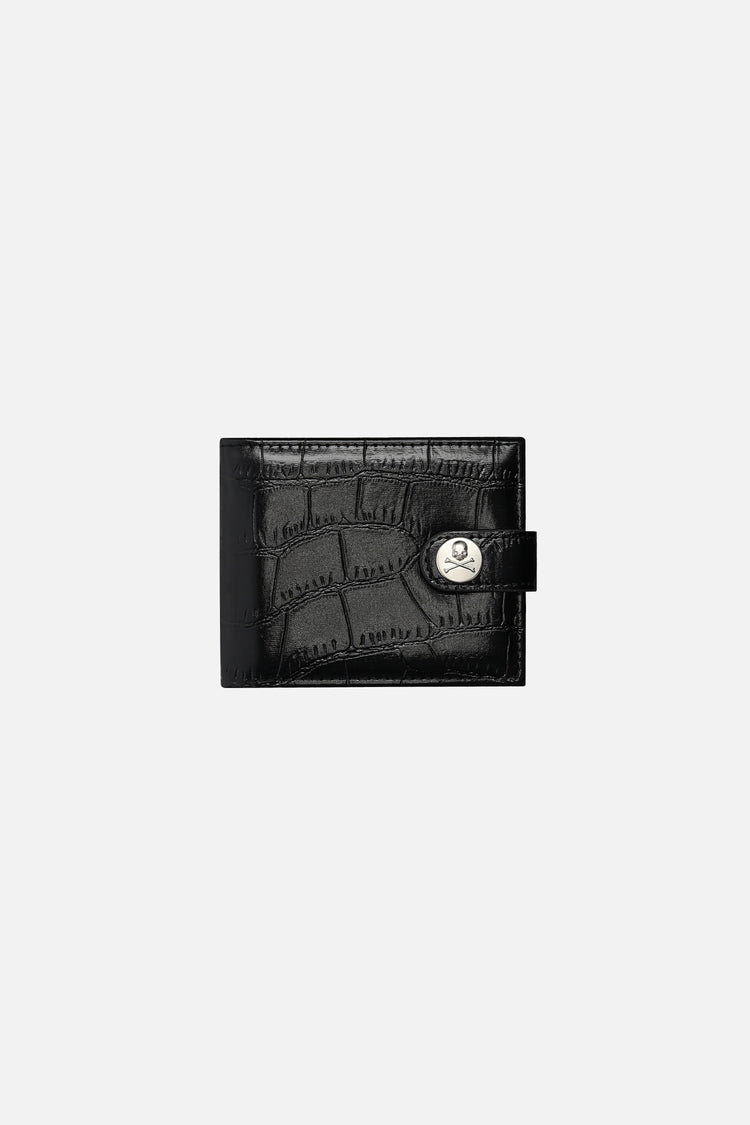Black Croc Wallet closed, croc-embossed leather with silver skull snap button