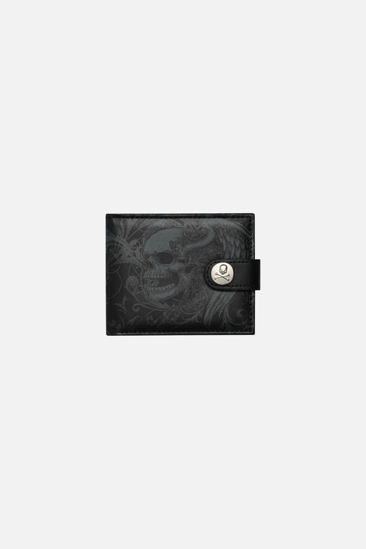 Front of the black Double Skull Wallet with tonal skull design and snap tab