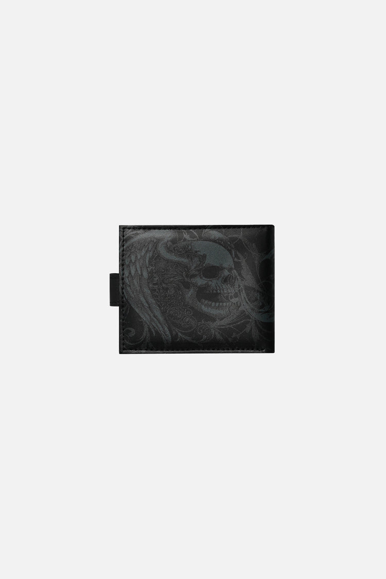 Back of the black Double Skull Wallet with winged skull embossing
