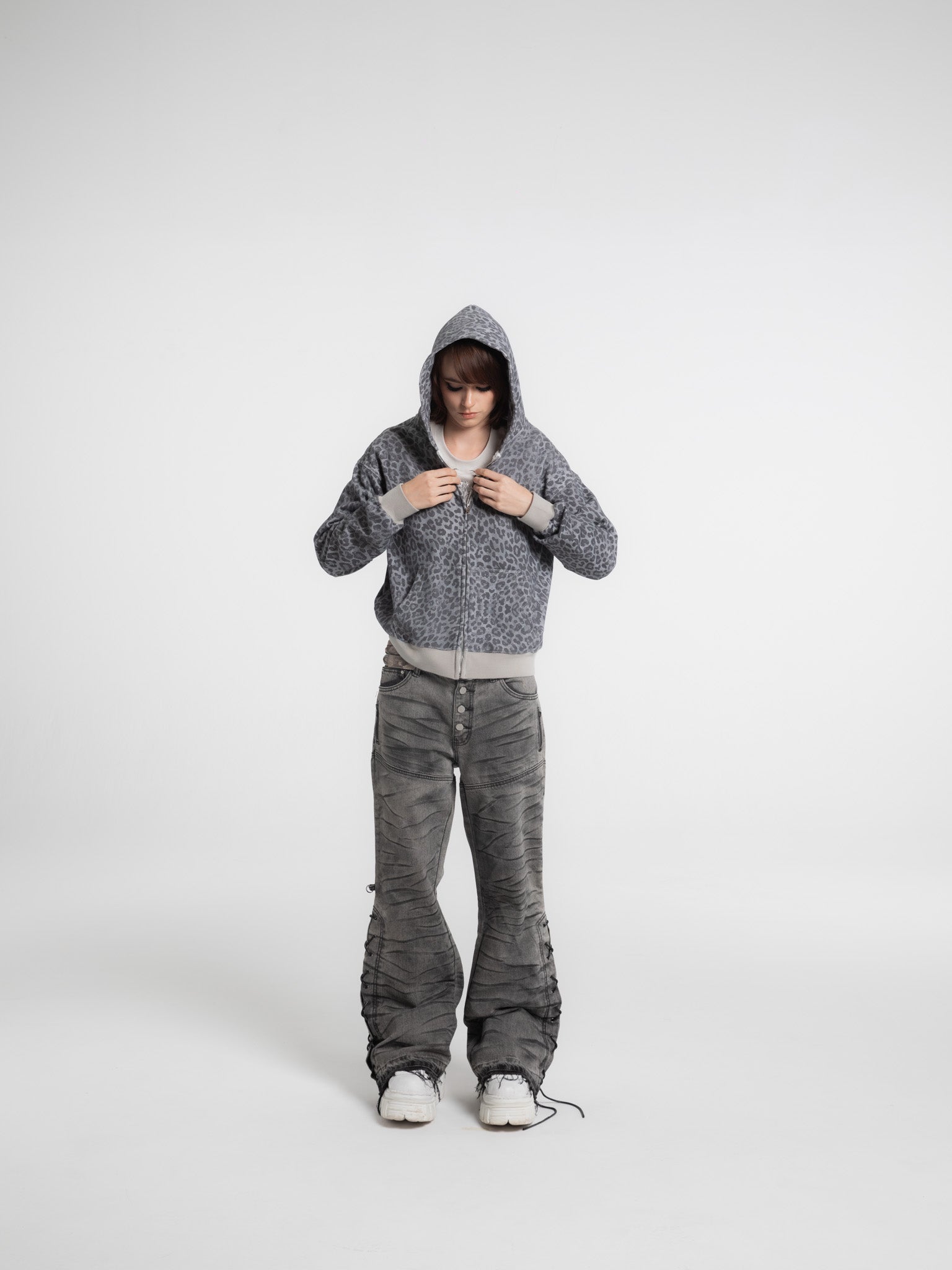 Distressed Cheetah Zip Hoodie