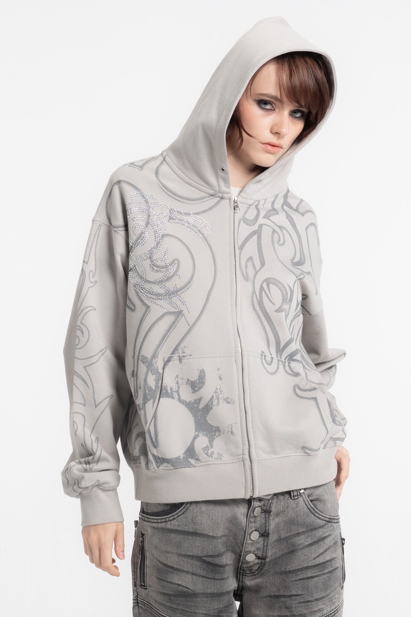 Rhinestone Tribal Zip Hoodie