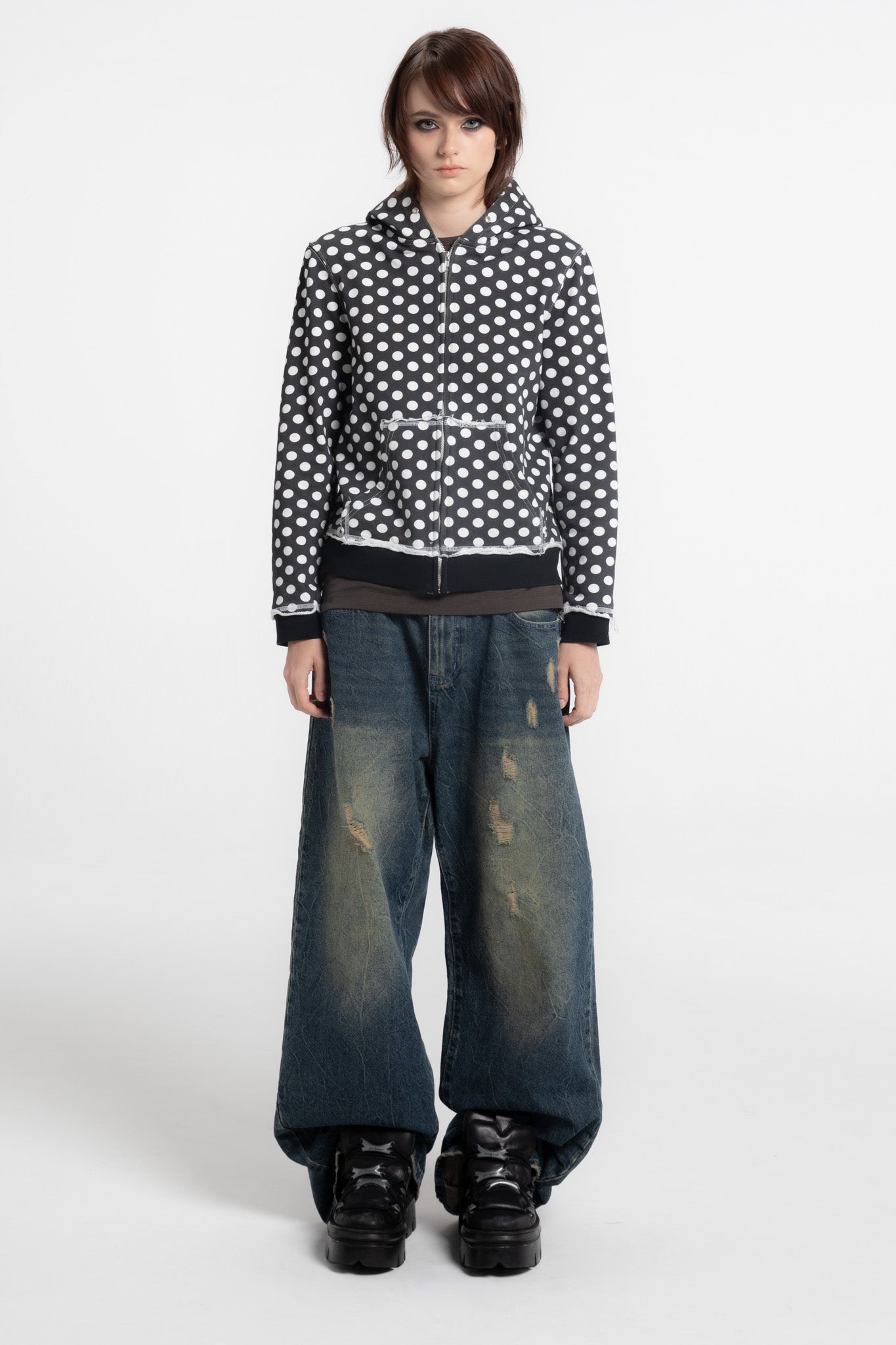 Black Polka Dot Slim Zip Hoodie