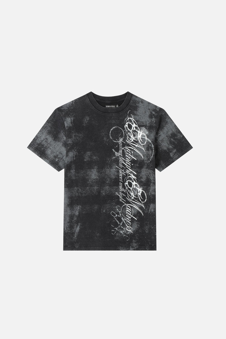 Washed black Midnight Tee laid flat, front view with vertical white script graphic