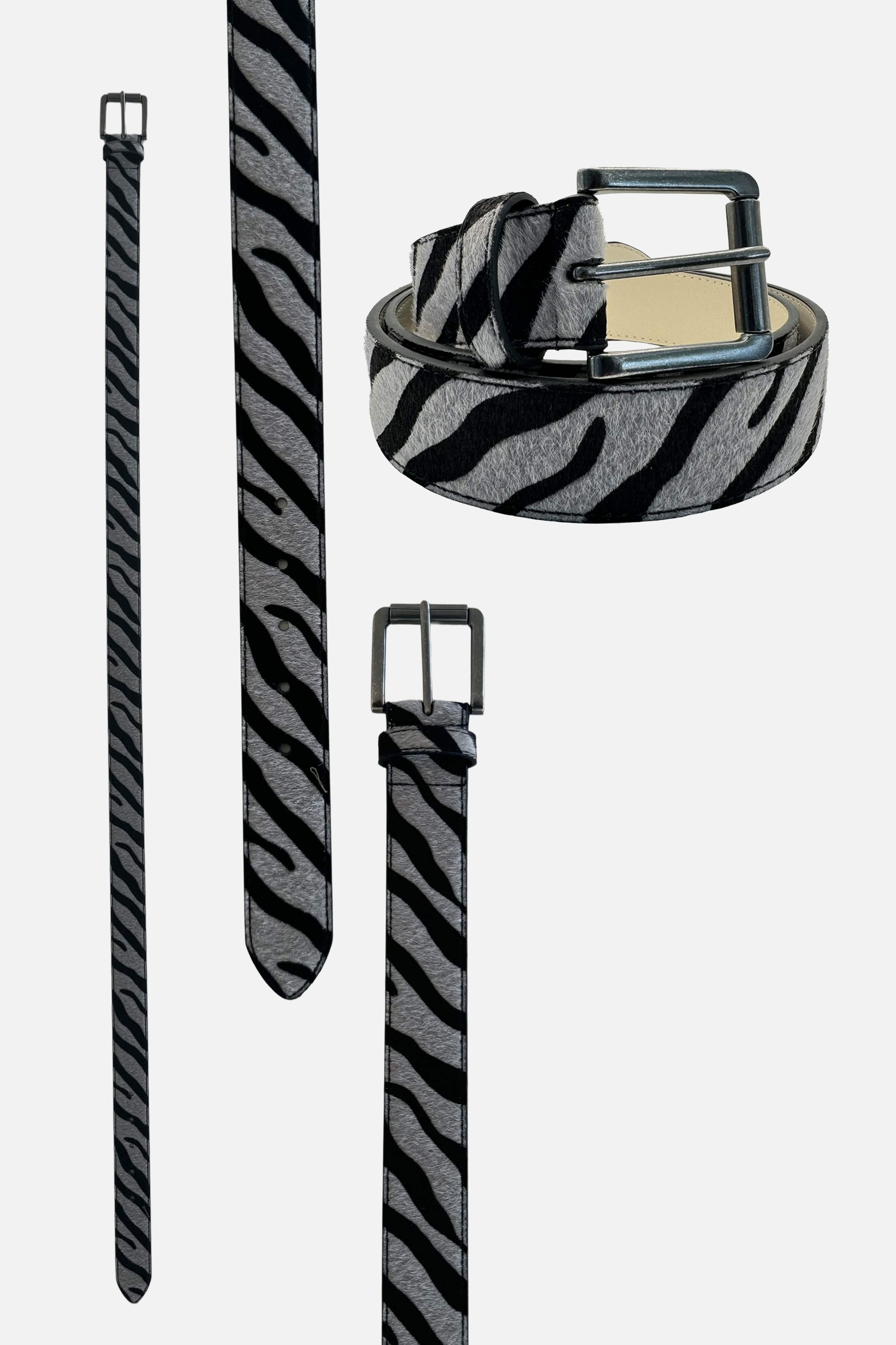 Night Tiger Belt — zebra-stripe calf-hair strap and buckle views