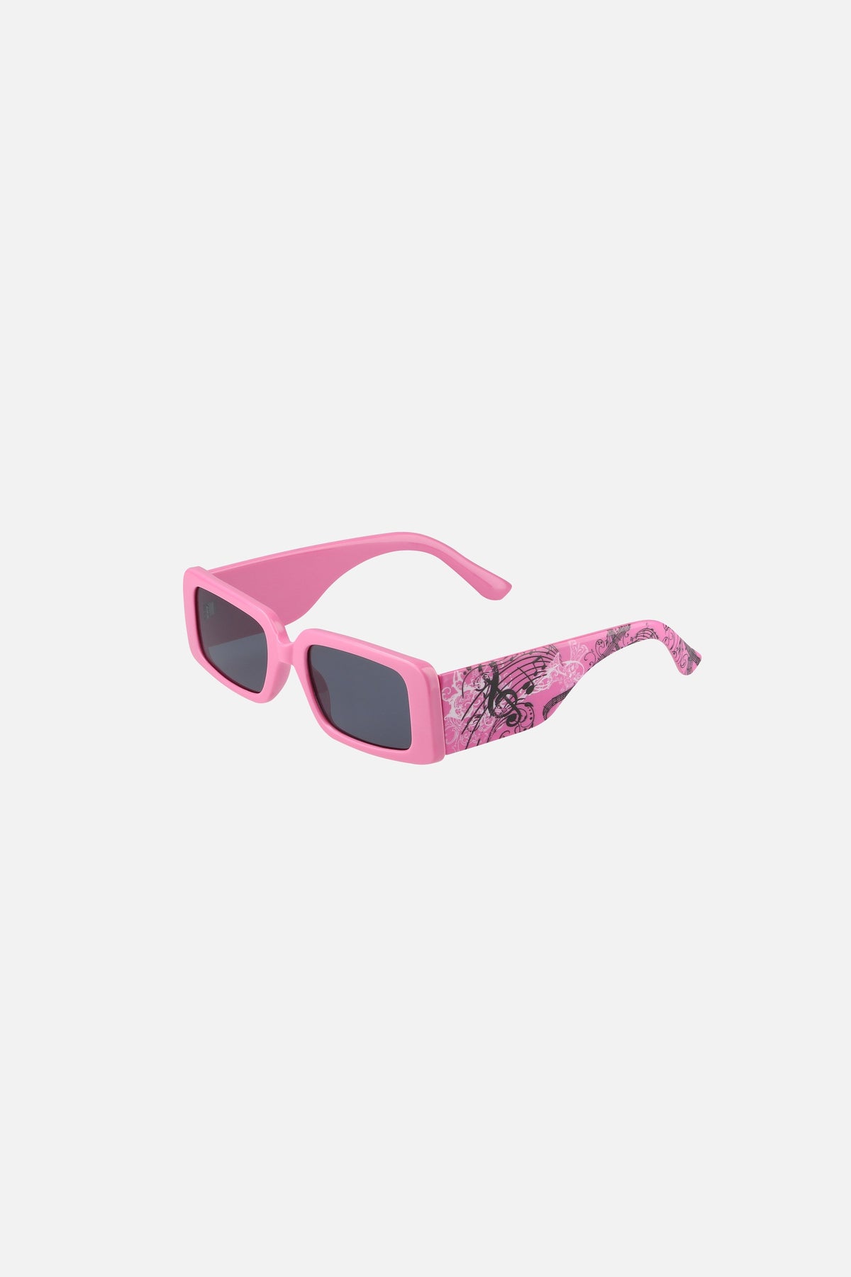 Pink Note Glasses, angled view of the music note print on the arm