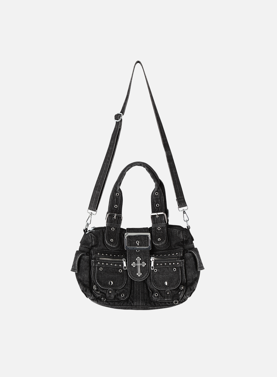 Cross Denim Shoulder Bag shown with its detachable long crossbody strap