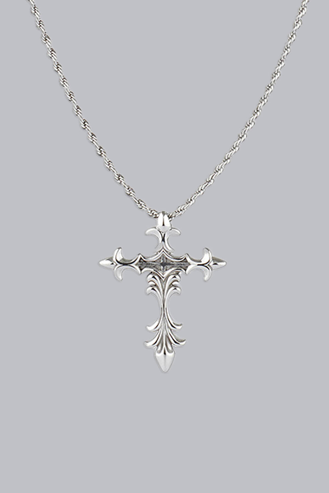 Silver Cross Necklace with ornate gothic cross pendant on a rope chain