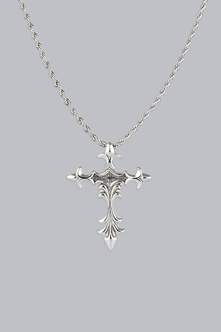 Silver Cross Necklace with ornate gothic cross pendant on a rope chain